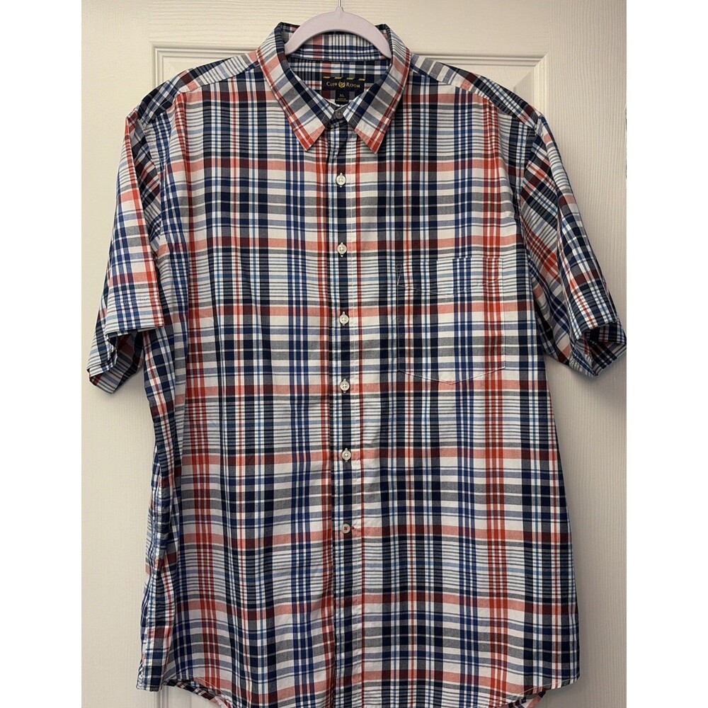 Club Room Men’s Short Sleeve Button Up Shirt, red White & Blue Stripe, Flag XL